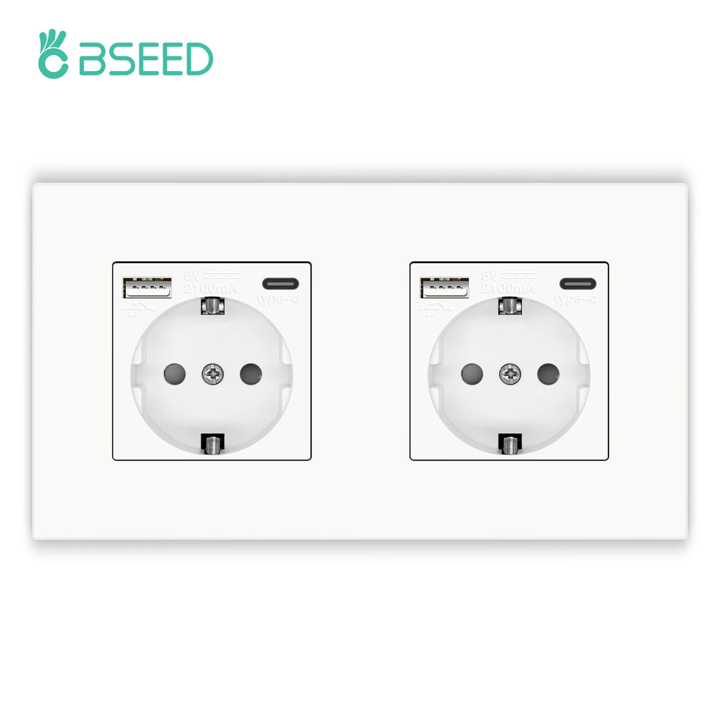 BSEED EU Wall Sockets Type-C USB Power Sockets Double Electric Sockets Triple Outlets Plastic Frame Germany Socket With Dual USB