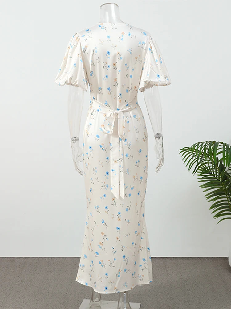 Printed Floral Print Elegant Long Dress For Women Short Sleeve V Neck Fashion Slim Dress Satin Commuting Banquet Female Dress