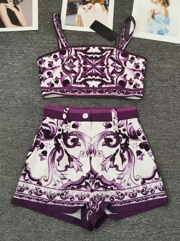Designer retro geometric print sexy tube top suspender two-piece 2026 summer women's dress+straight short fashion suit