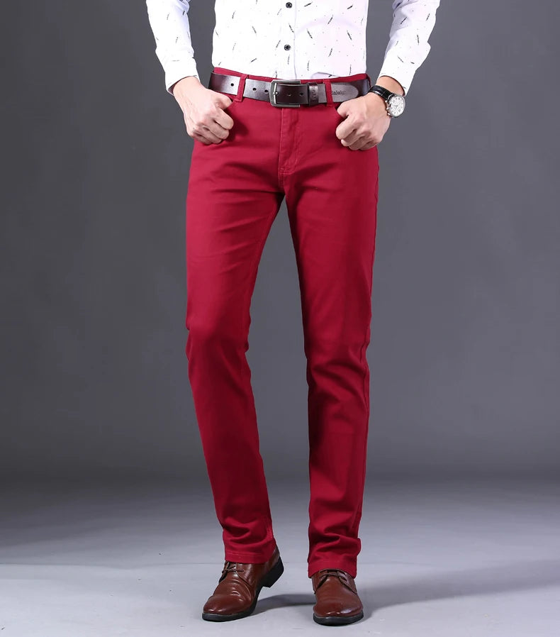 2026 New  Spring Autumn Wine Red Jeans Men Fashion Casual Classic Style Business Straight Fit Soft Trousers Male Advanced Pants