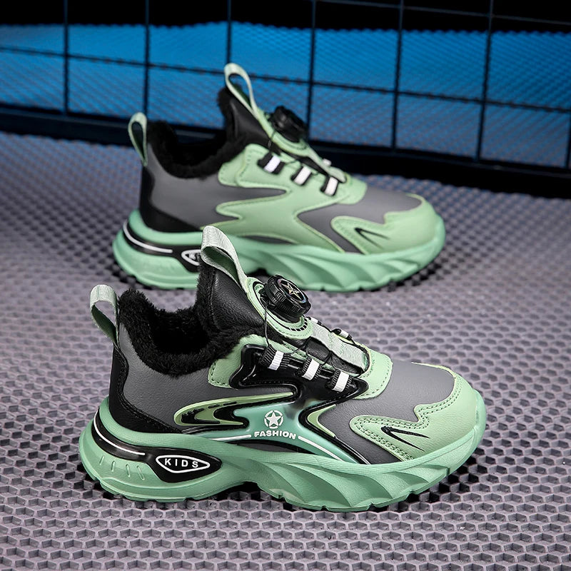 Children Sports Shoes Winter Plush Outdoor Warm Soft Comfort Boy Running Shoes Fashion Rotary Buckle Anti Slip Kids Tennis Shoes
