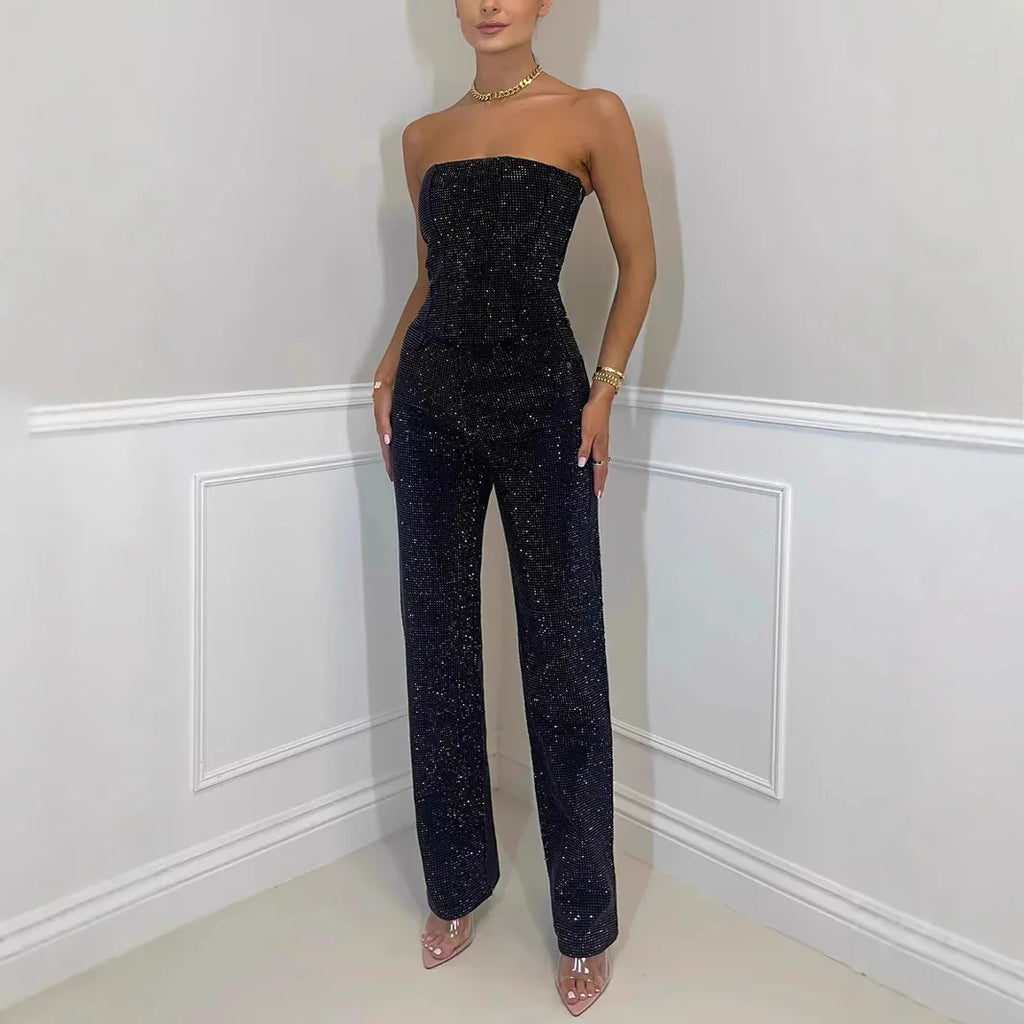 Denim Pant Set Women Two Piece Sets Sexy Strapless Sleeveless Tops Long Pants High Waist Y2k Streetwear Elegant Work 2026