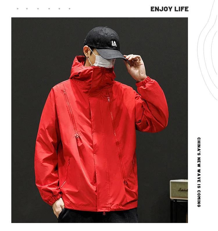 Japanese Windbreakers Men's Jacket Zipper Coat Cargo Waterproof Jackets Bomber Camping Loose Thin Softshell Hooded Hiking Jacket