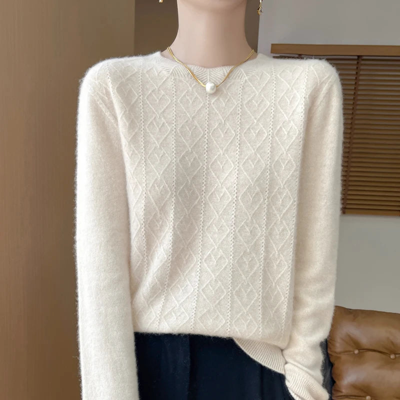 Fall/Winter 2024 New Women's Sweater 100% Pure Wool Lotus Collar Solid Color Loose Knitted Cashmere Pullover
