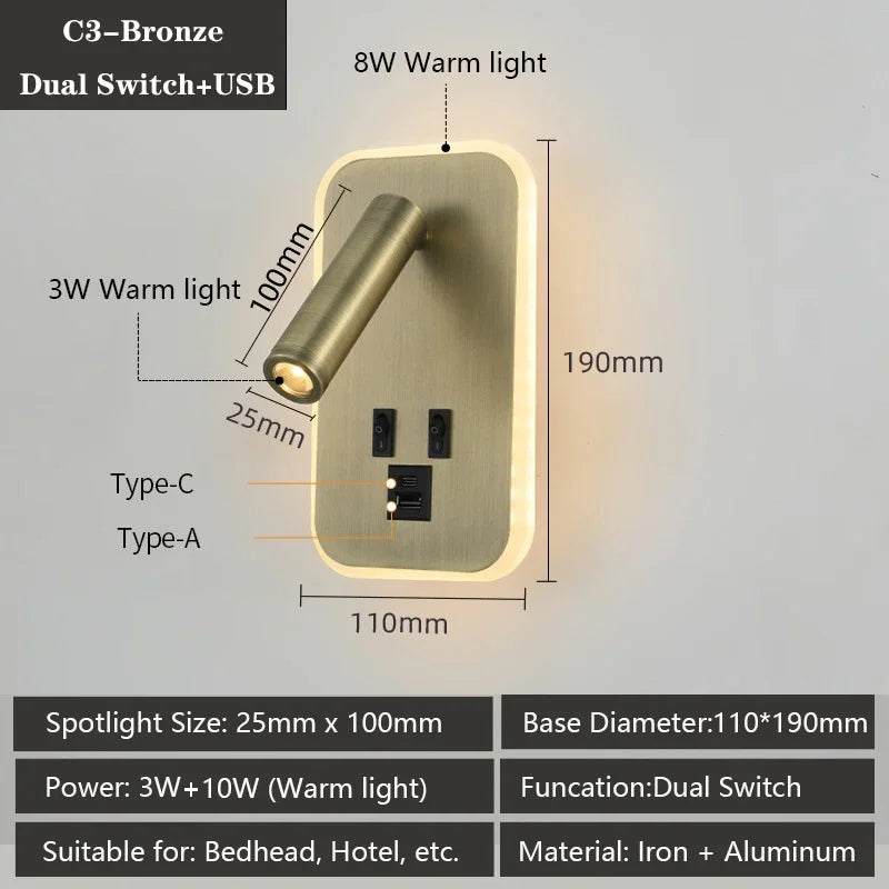 Modern Versatile LED Wall Sconce Lamp with Dual USB Ports Adjustable Side Reading Lights Modern Bedrooms Bedside Lamp