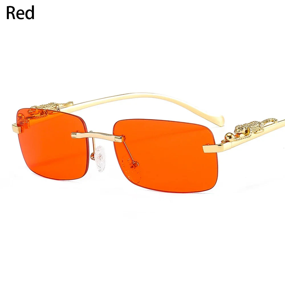 Unisex Luxury Rimless Square Sunglasses - Brand Designer Leopard Head Metal Shade Eyewear Travel Driving