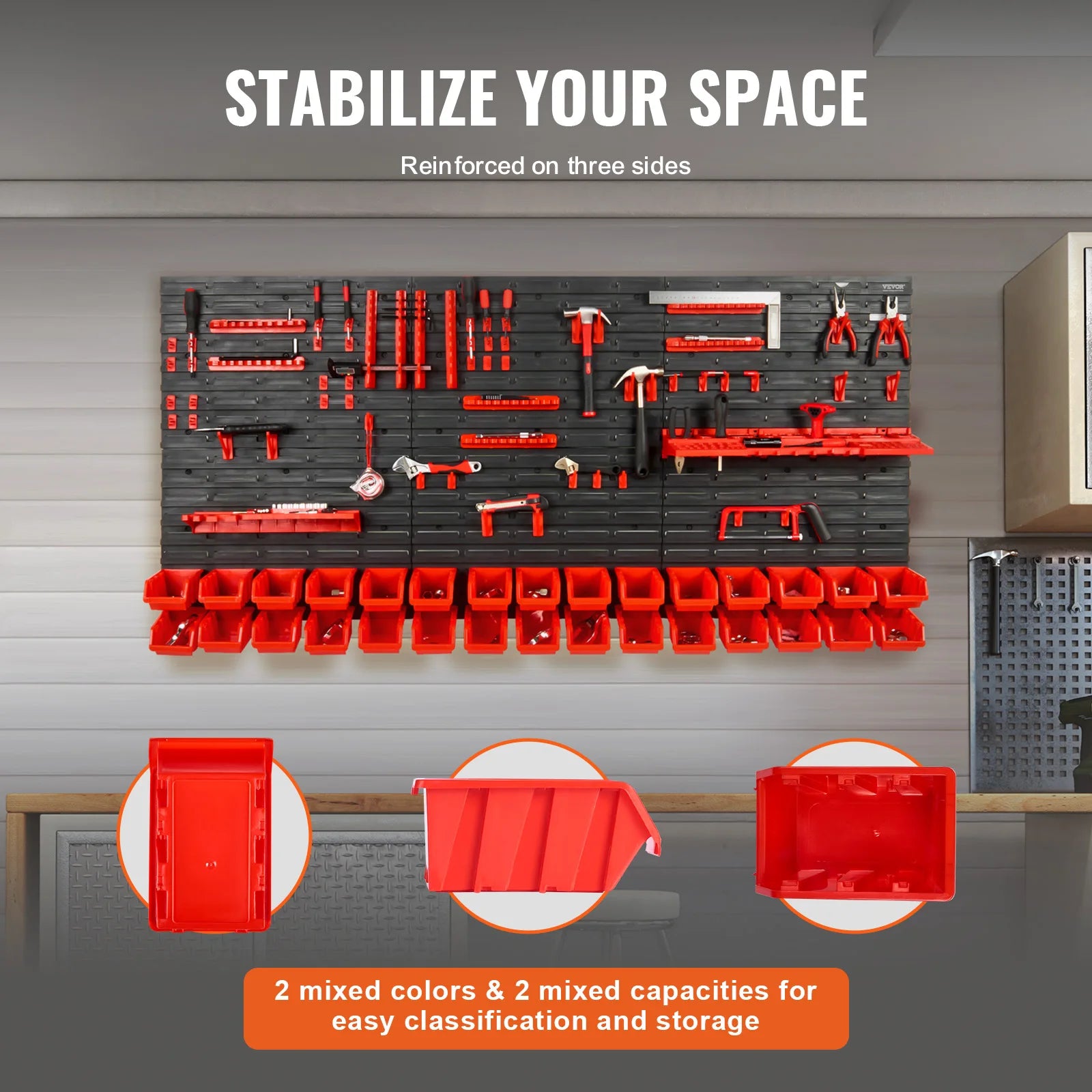 SucceBuy Wall Mounted Storage Bins 30/48Bin Parts Rack Organizer Garage with Wall Panels Hooks Plastic Shop Tool for Screw Nails