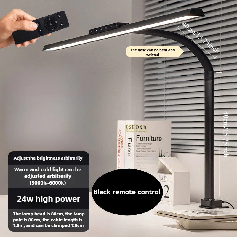 24W LED High Brightness Desk Lamp with Touch Remote Control Eye Protection Long Arm Clip-On for Student Computer Work Lighting