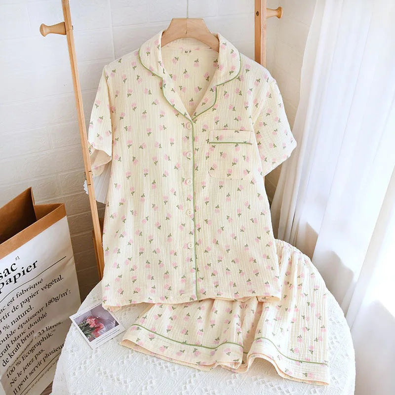 2023 Winter Women's Long Sleeved Pants Pajamas 100% Cotton Tulip Printing Home Service Set Simple Comfortable Pajamas Set