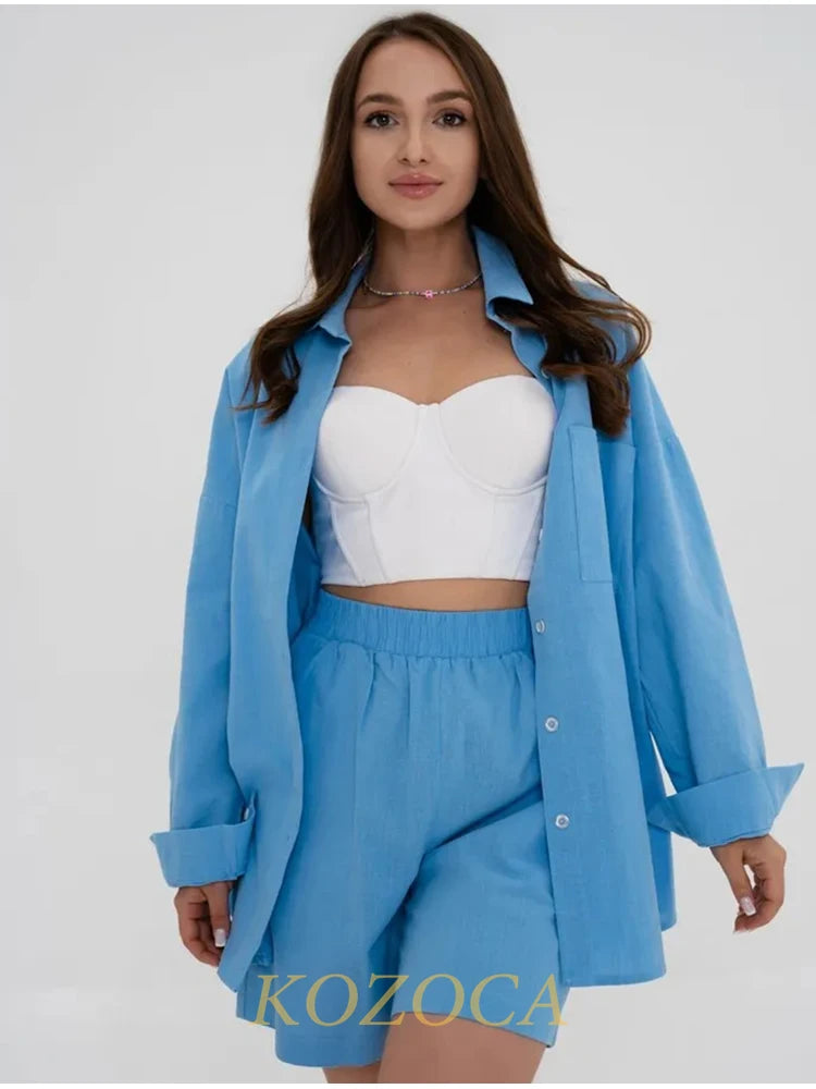 Summer Two Piece Set Women Shorts Suit Green Lapel Long Sleeve Shirts Sets Female Elegant Casual High Waist Pants Lady Outfits