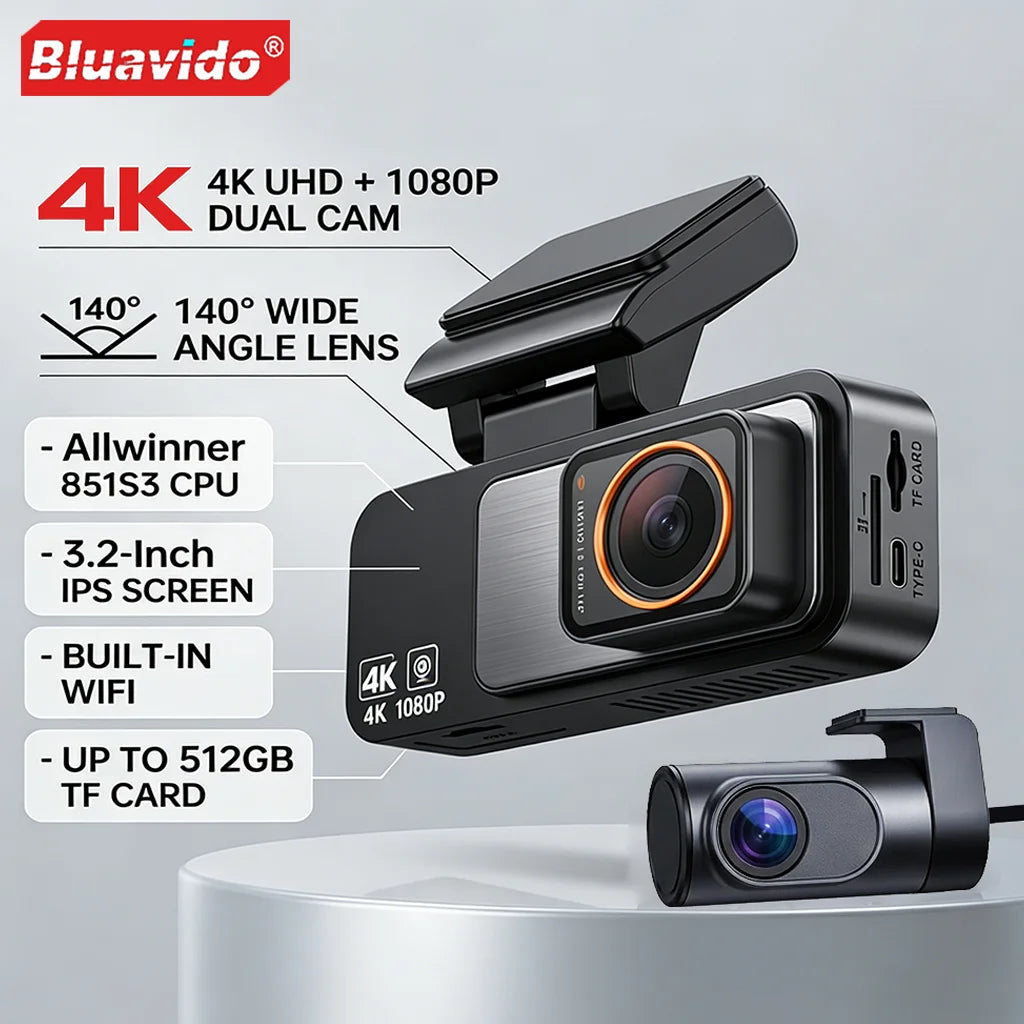 Dash Cam Dual Lens 4K UHD Recording Car DVR GPS WDR Night Vision Video Recorder Wi-Fi Room Black Box 1080P Rear View Camera