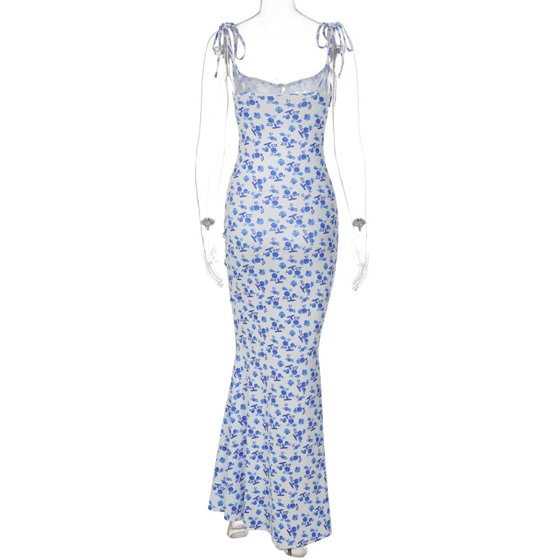 Hugcitar Floral Print Sleeveless Backless Slips Lace Up Maxi Dress Sexy Bodycon Summer Elegant Outfits Holiday Party Wholesale