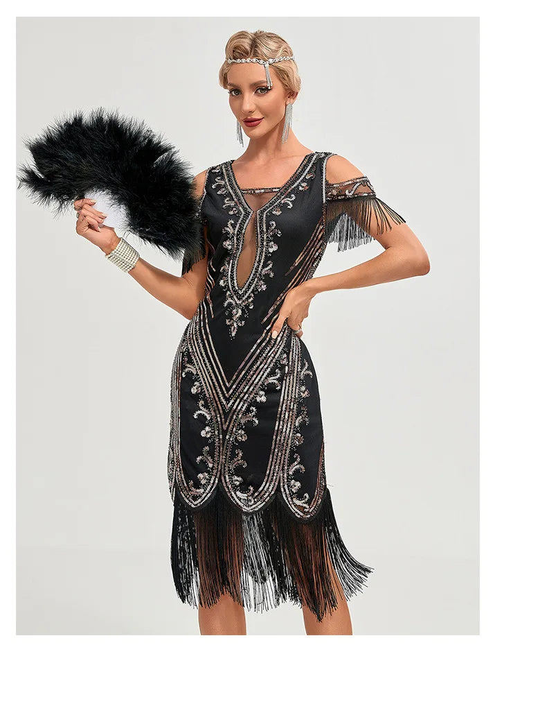 Vintage 20s 1920s Dress The Great Gatsby Womes Sequins Tassel Fringe Evening Dress New