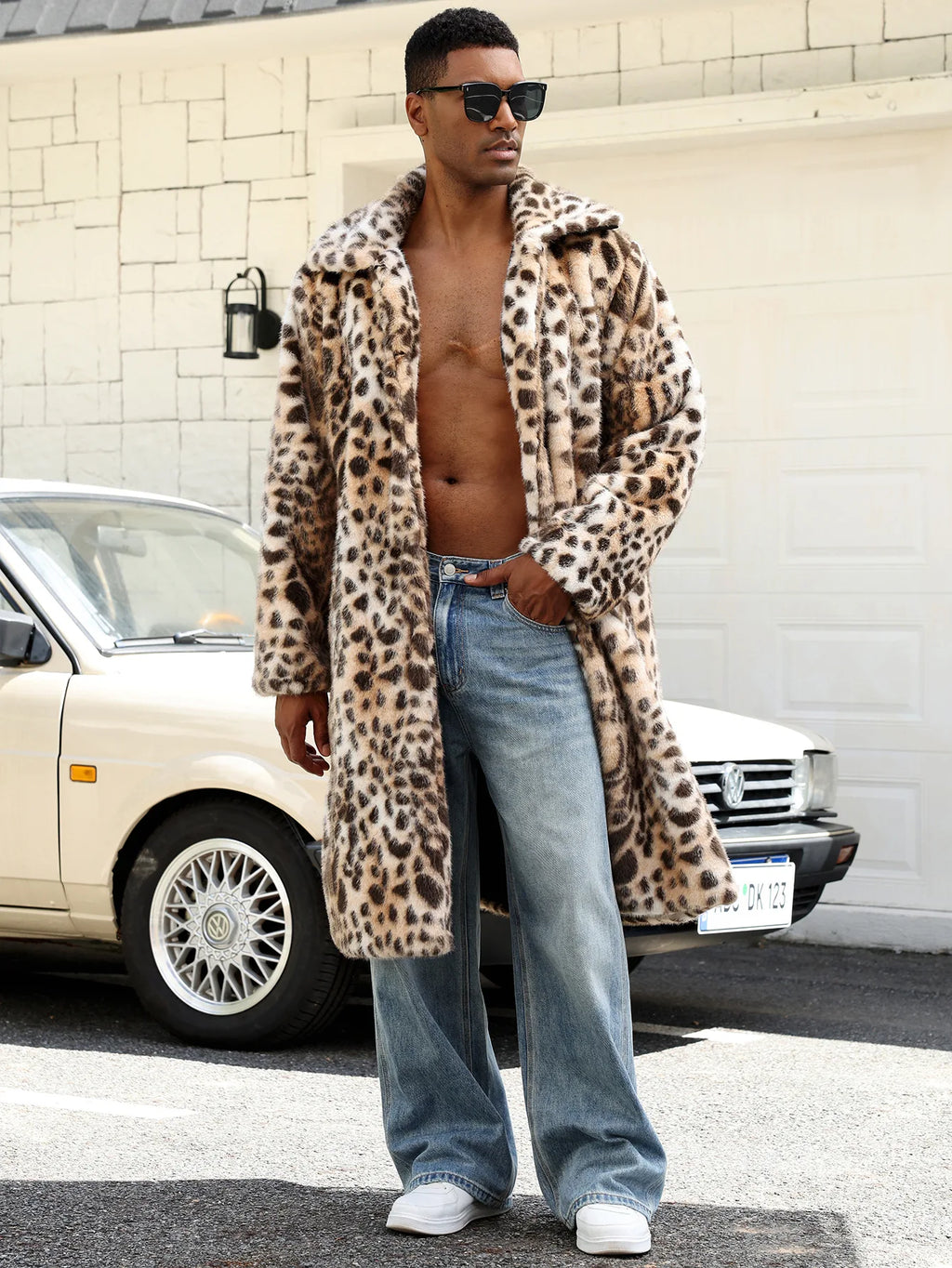 Men Faux Fur Coats Leopard Jackets Color Blocked Turn Down Collar Long Sleeve Single Breasted Straight Casual 2025 Autumn Winter
