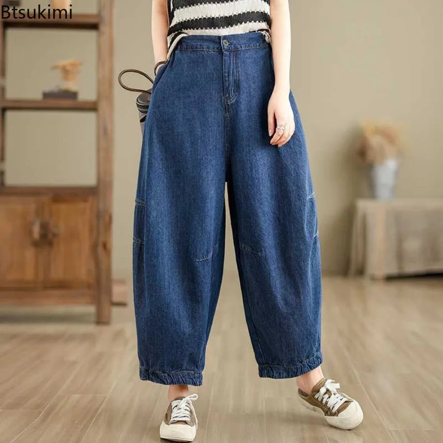 2026 New Women's Retro Literary Baggy Jeans Simple Versatile Wide-leg Washed Denim Trousers Casual Streetwear Ladies Harem Pants
