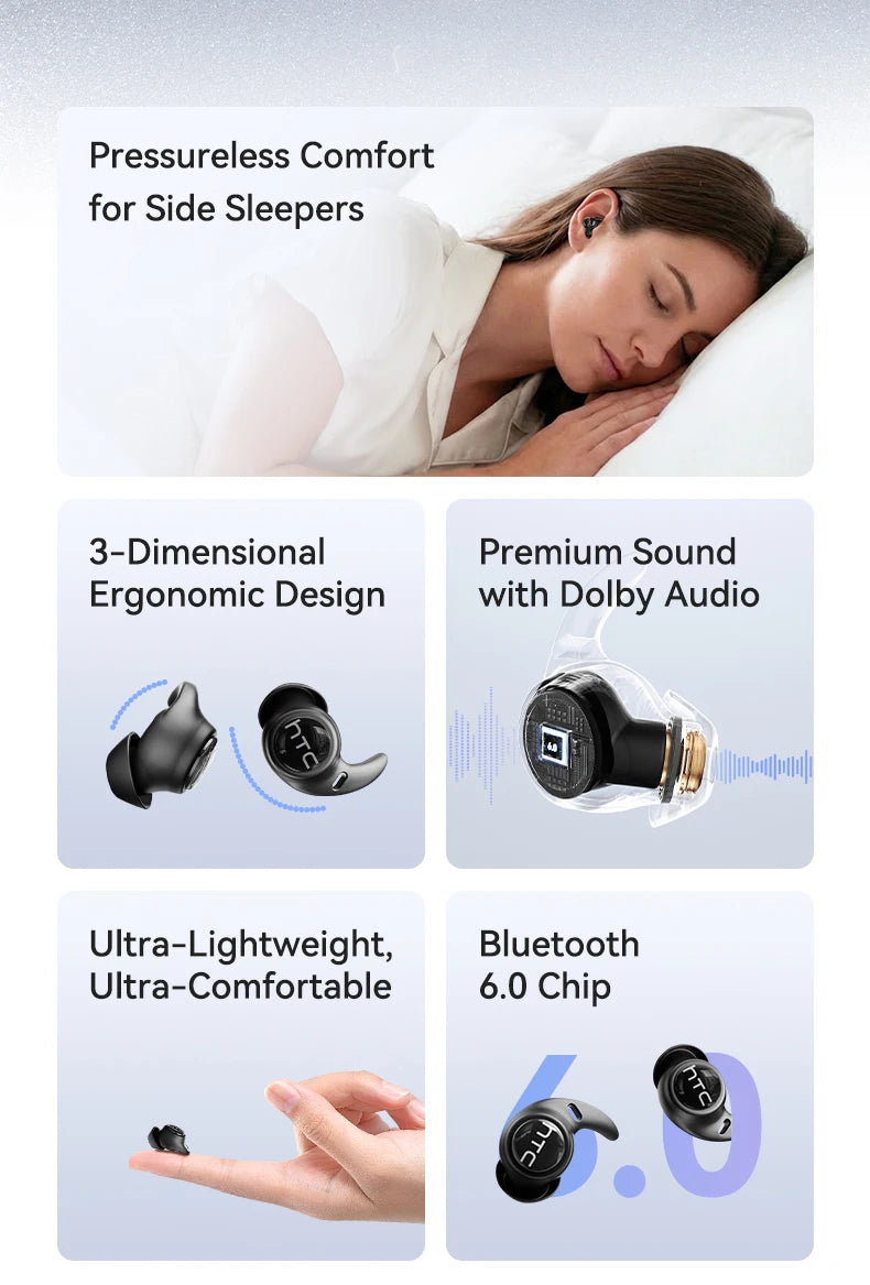 HTC NE76 Bluetooth Earphones, AI Translator Earbuds Mini Invisible Sleep Earbuds Soft Wireless Headphones Orange