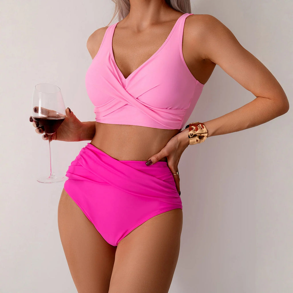 Women Sexy Bikini Summer Twist Front Ruched High Waisted Two Piece Beach Slimming Vacation Swimwear Bathing Suit