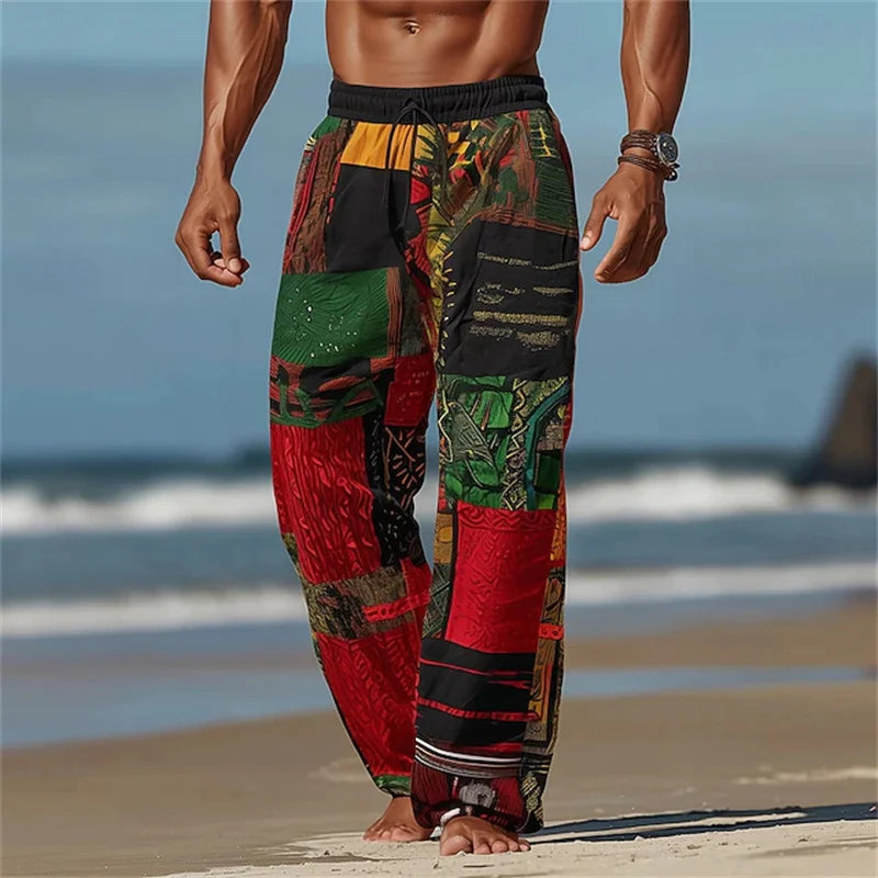 Summer Men's Beach Shorts Relaxed Fit Drawstring Casual Pants 3D Printed Geometric Pattern Breathable Wide-Leg Pants