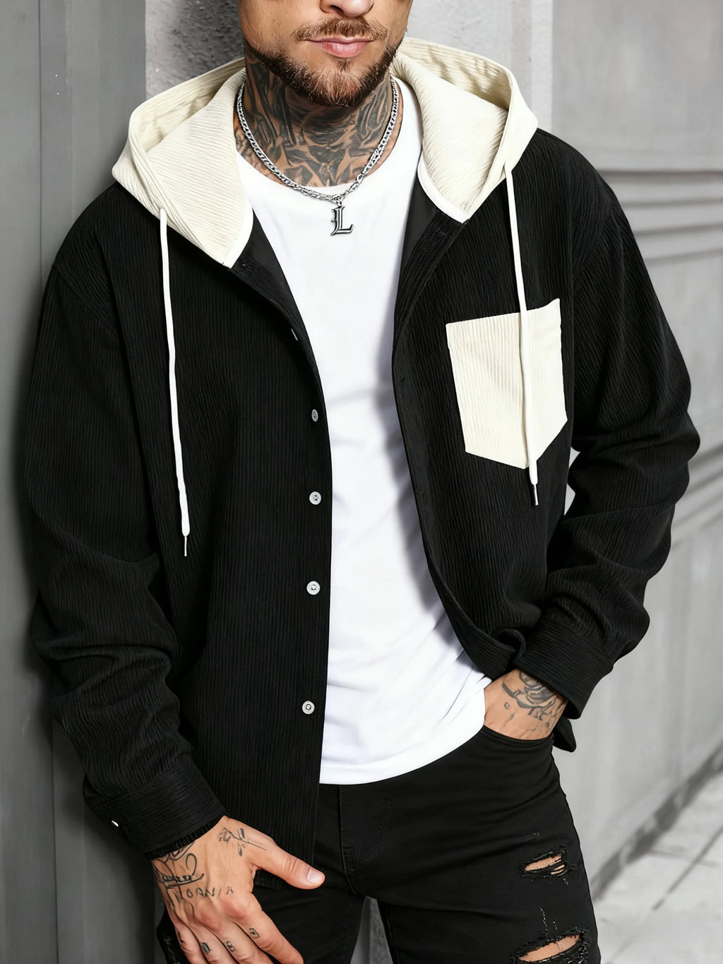 Men's Flannel Hooded Shirt, Spring/Autumn New Style, Colorblocked Pocket, Loose Fit Casual Outerwear, Trendy Retro Cardigan Top