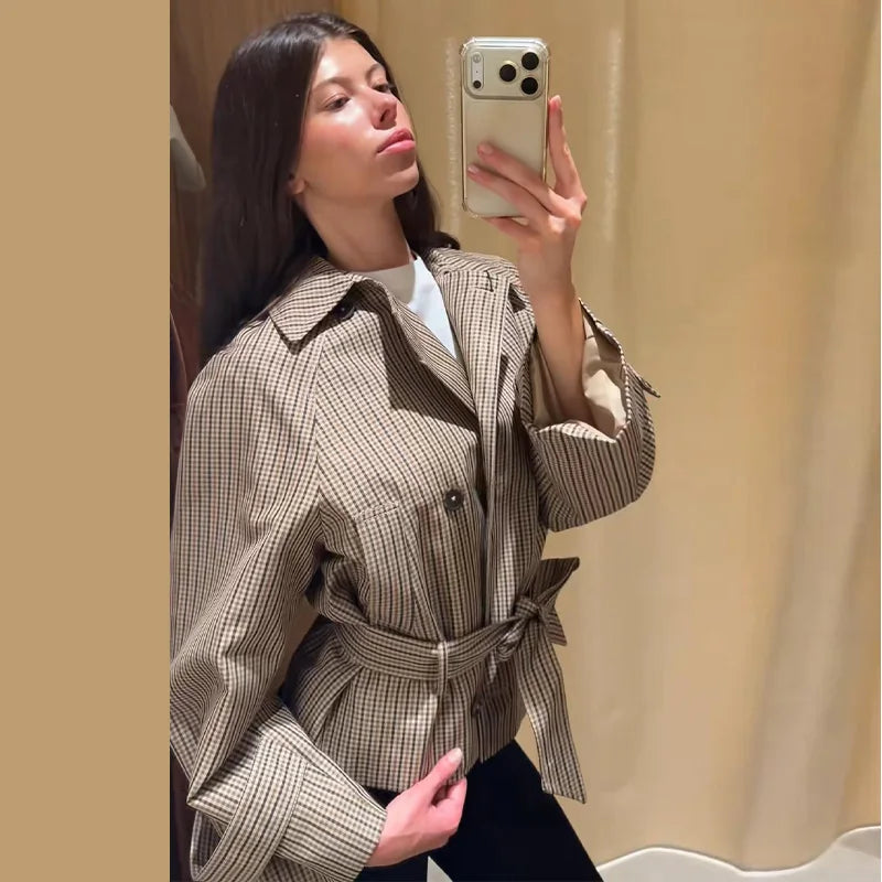 Loose Plaid Lace Up Jacket Women Vintage Double Breasted Full Sleeve Lapel Belts Jackets Female 2026 Autumn Outwear Lady