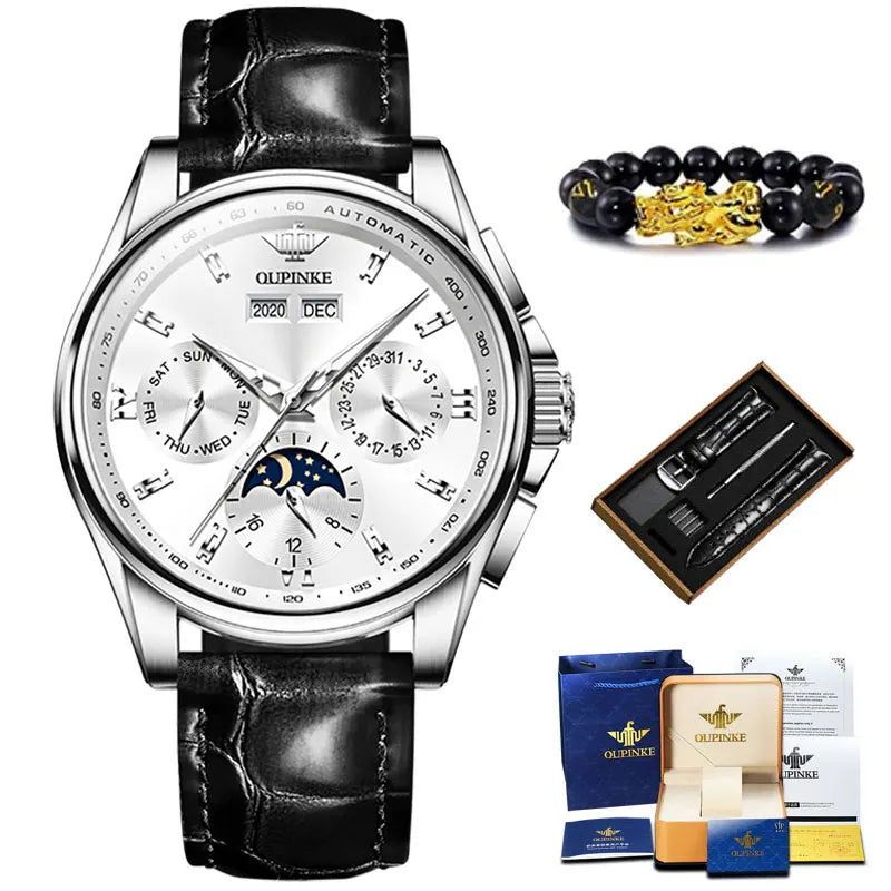OUPINKE Top Men's Automatic Mechanical Wrist Watch Leather Strap Luxury Business Multi functional Lunar Phase Dial Reloj Hombre
