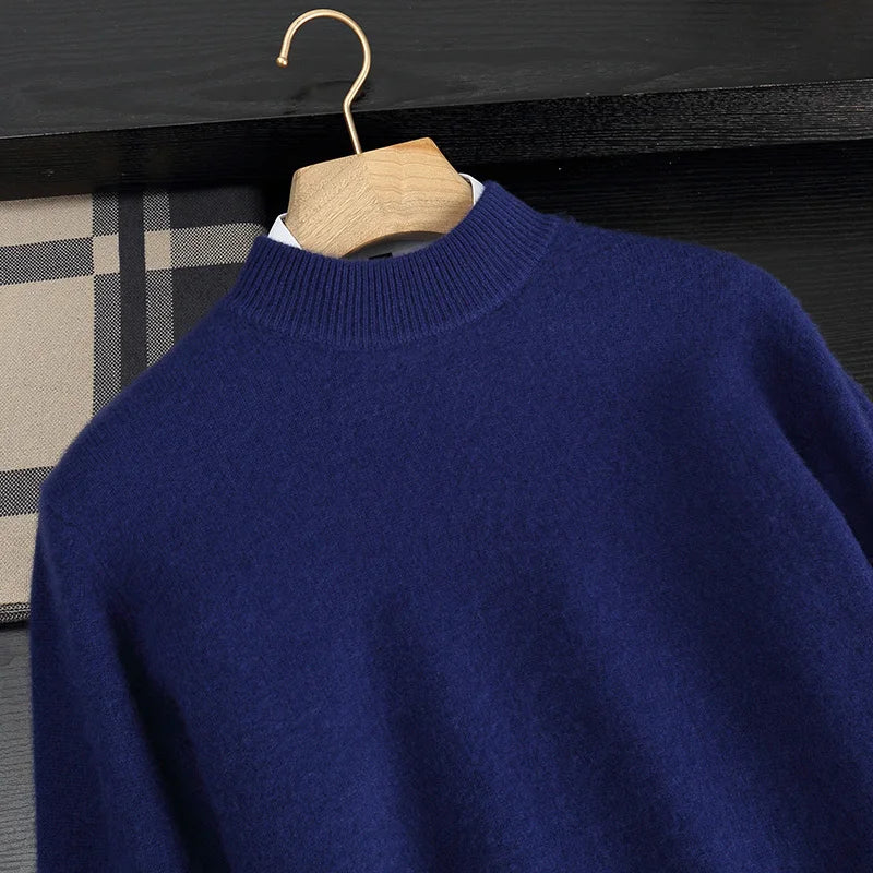 Autumn/Winter Men's 100% Cashmere Pullover Business Casual Solid Knitted Sweater Loose Half High Neck Tops Thick Warm Jumper