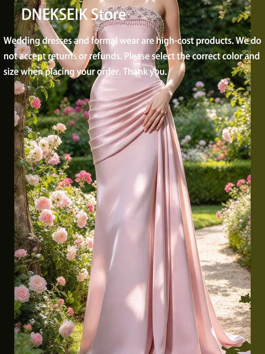 Elegant Pink Strapless Beads Sleeveless Ruched Slim Formal Evening Dresses Birthday Party Prom Gowns Customized