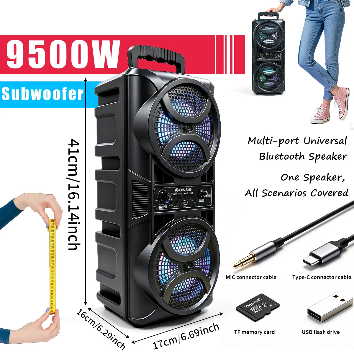 9500W Large Volume Portable Bluetooth Party Speaker, Heavy Bass Wireless Speaker With Handheld Microphone, RGB Color Gradient Li