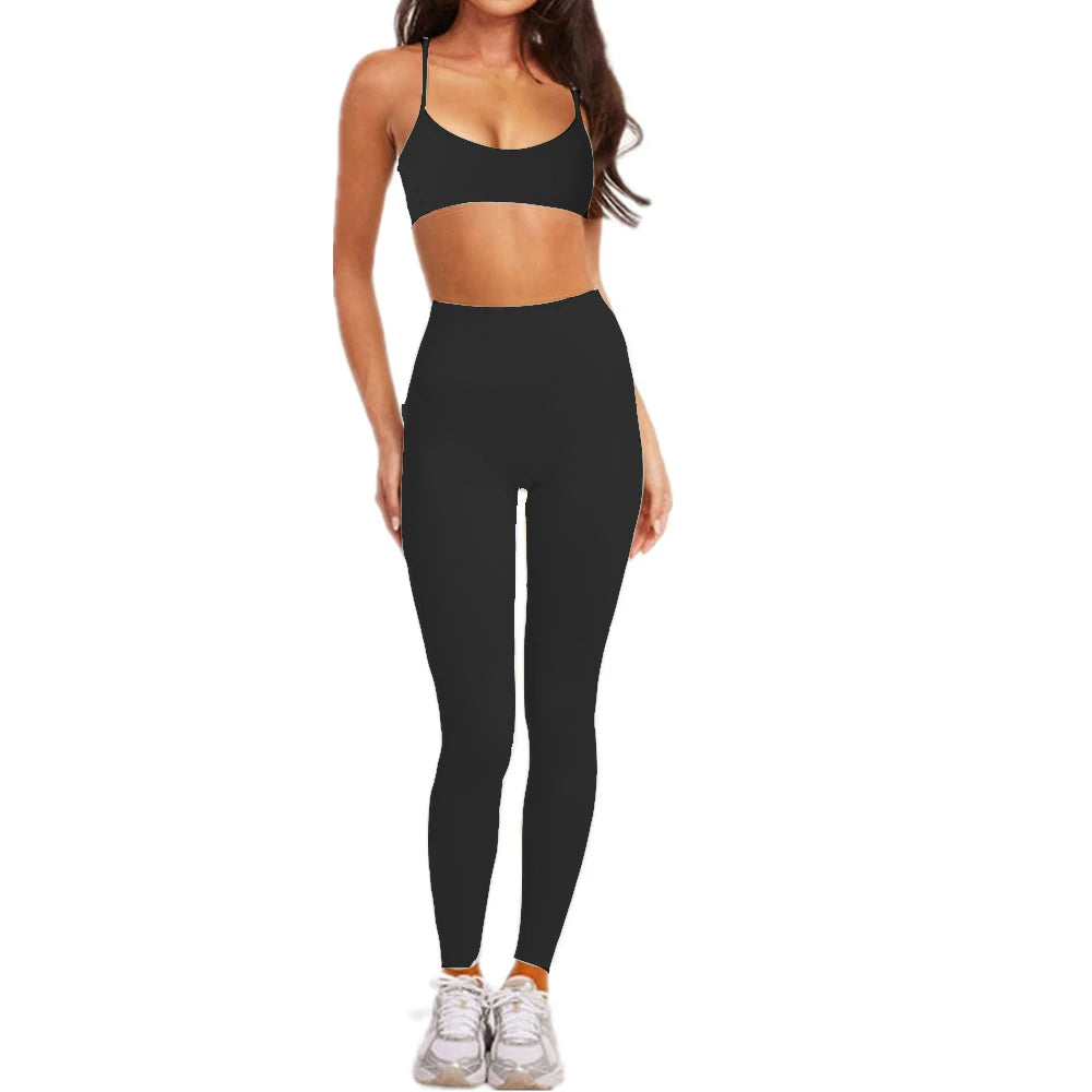 2PCS Yoga Set Outfit For Women Strappy Back Sports Bra Nude Athletic Leggings Fitness Gym Exercise Running Wear XP108