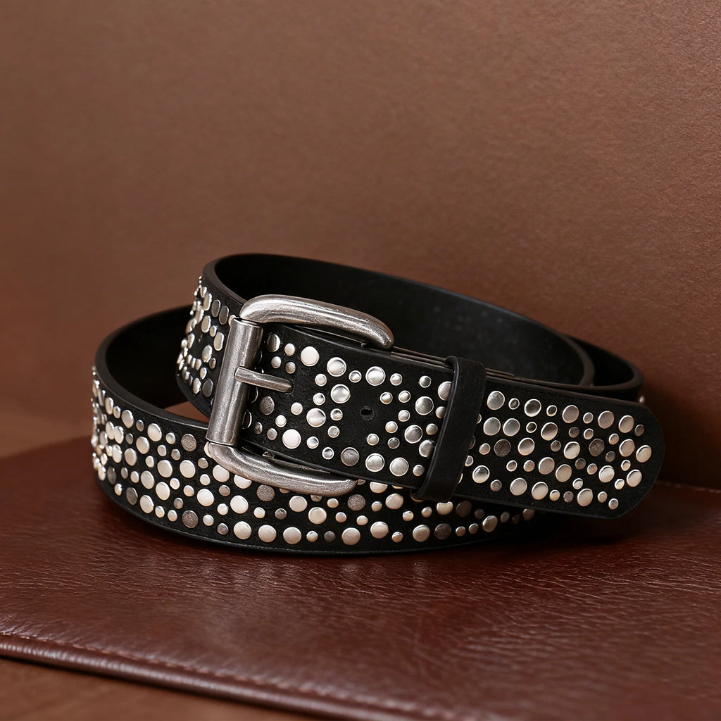 Rivet Punk Belt for Men and Women, Western Studded Belt for Jeans Pants, Faux Leather Cowgirl Cowboy Y2K Belt