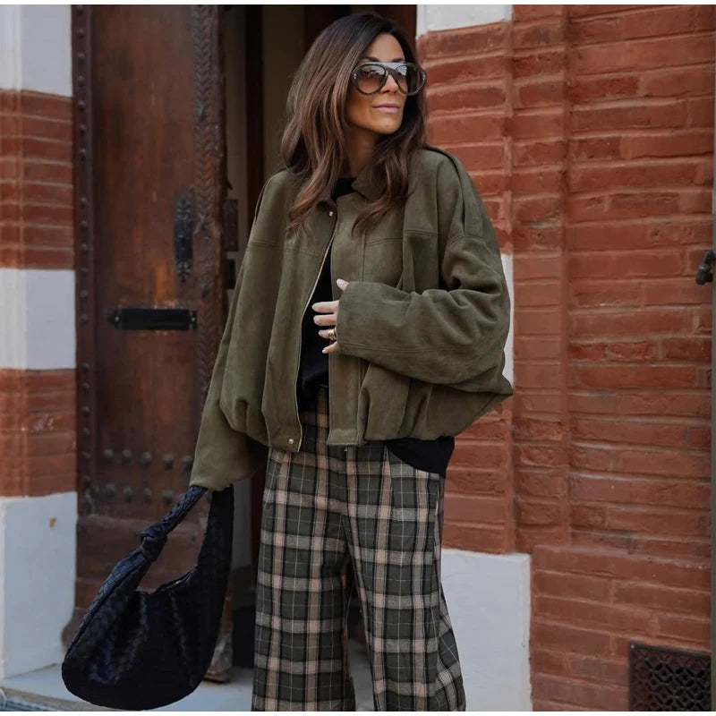 Chic Green Plaid Print Loose Pants Women Casual High Waist Straight Wide Leg Trousers Party Daily Classic Attire 2026 Spring