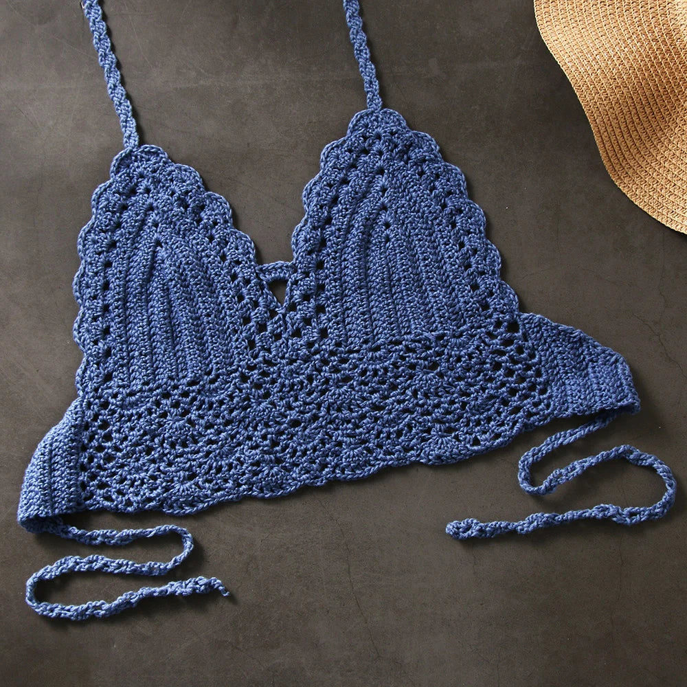 Women Summer Sexy Bikini Crochet Crop Top Boho Beach Camisoles Knit Bralette Bra Halter Neck Vest Holiday Beachwear