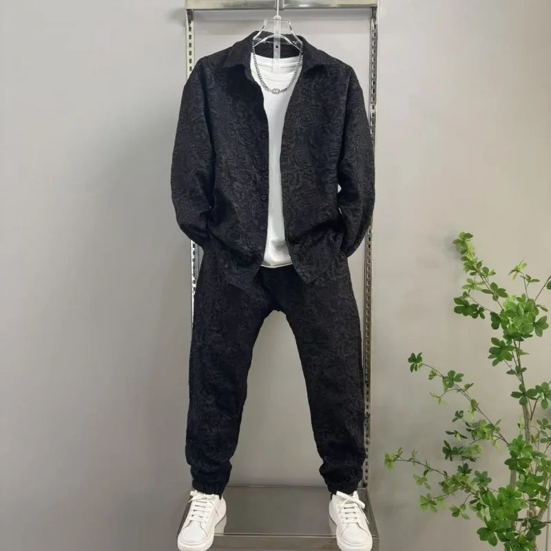 Men's casual collar jacquard shirt and pants two-piece set, spring and autumn new fashion and handsome set, complete set