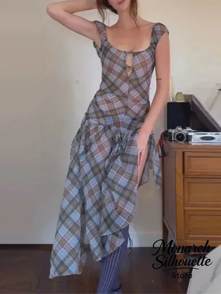Plaid Off Shoulder Long Dress Women Chic Tie Front Cutout Ruched Asymmetric Hem Sundress 2026 Summer Lady Casual Daily Vestidos