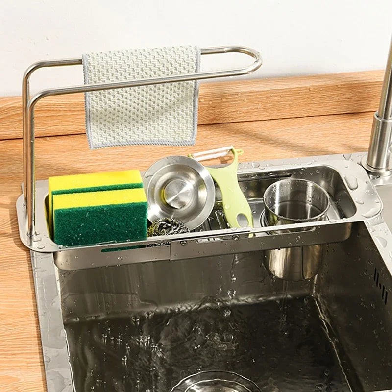 Kitchen Telescopic Storage Rack Sink Organizer Rack Telescopic Faucet Organizer Towel Sponge Storage Adjustable Storage Rack