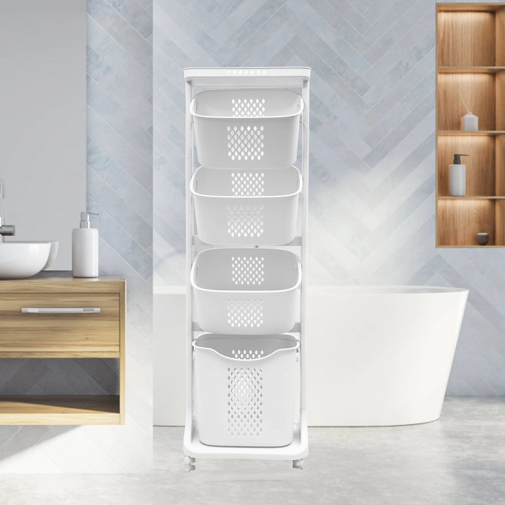 2/4 Tier Laundry Basket Cart Removable Rolling Cart Storage Buckets Plastic Hamper with 4 Wheels Organizer Portable Sort