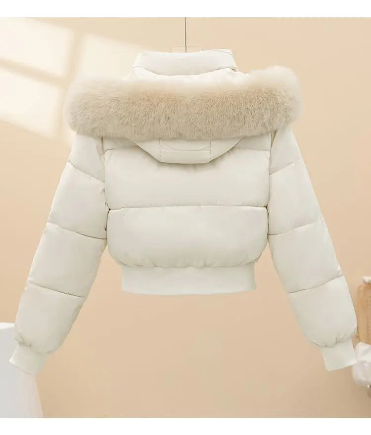 Korean Style Cropped Slim Fit Puffer Parka Women Detachable Faux Fur Trim Hood Thick Warm Zip Pockets Winter Casual Outfit 2026