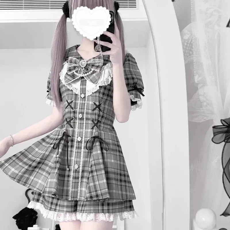 Japanese Style Lolita 2 Piece Set Y2k Mini Skirt Woman Harajuku Sweet Kawaii Print Dress Tops Korean Fashion Elegant Dress