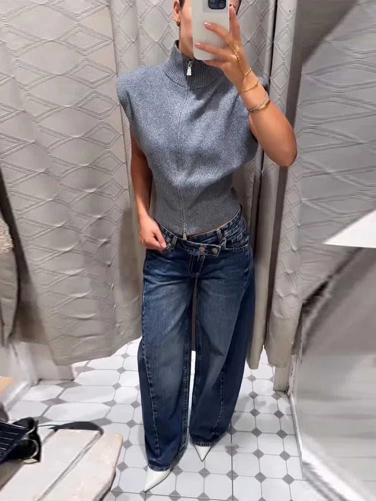 Sleeveless Padded Shoulder Women's Knitted Vest Half Turtleneck Double Zipper Cropped Slim Solid Knit Cardigan Street New Tops