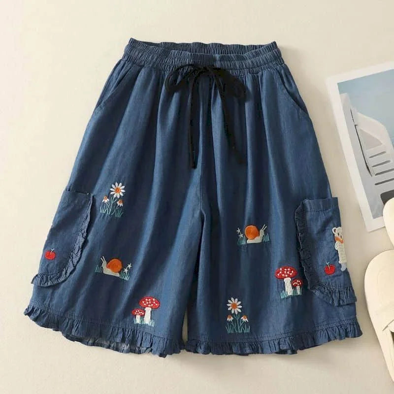 Denim Shorts Women Summer Wear Vintage Drawstring Elastic Waist Ruffle Wide Leg Pants Casual Loose Jean Shorts Women Clothing