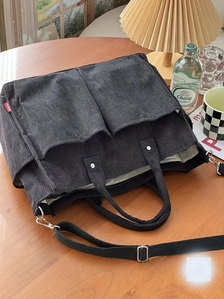 Corduroy Crossbody Tote Bag Stylish Commuter Shoulder Bag with Multiple Spacious Pockets Handbag for Women