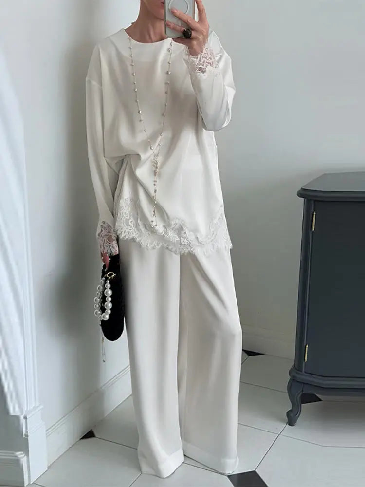 Elegant Lace Loose Dress Women Solid O-neck Full Sleeve Patchwork Dresses Female 2026 Summer White Robe Lady