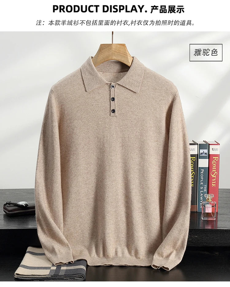 Autumn/Winter Men's 100% Cashmere Pullover Business Casual Solid Knitted Sweater Loose POLO Collar Tops Basic Thick Warm Jumper