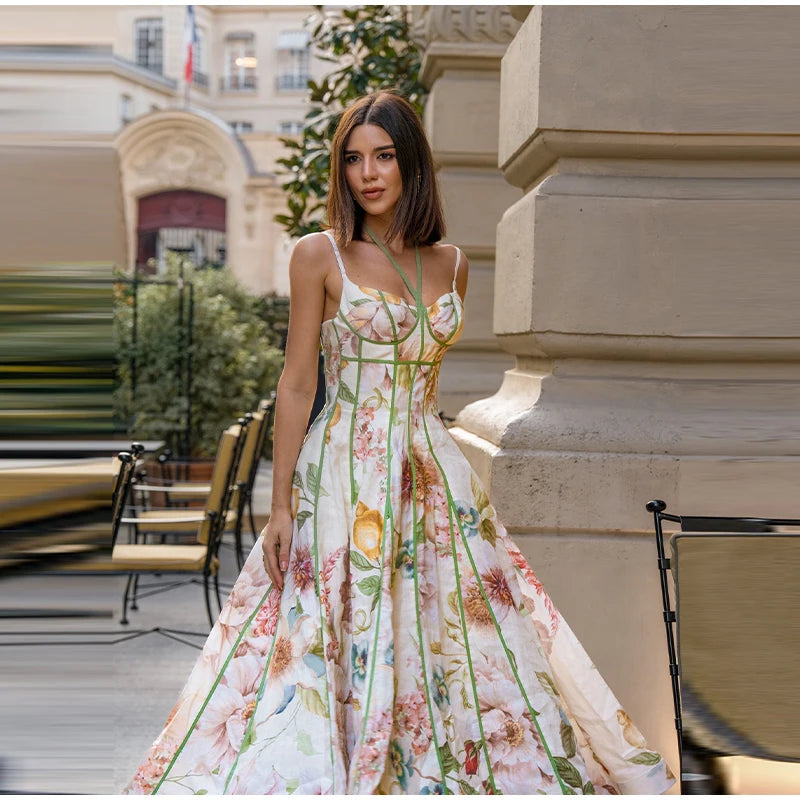 Fashion Women Dress Floral Printed Halter Tube Tops Sleeveless Lace Up Waist-Closed Female Dresses 2026 Summer Lady Robe
