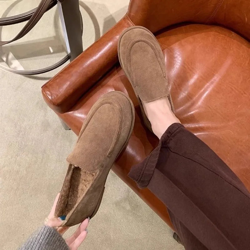 New Suede Leather Loafers Woman Round Toe Slip-on Casual Flat Shoes Wool Warm Winter Shoes Outdoors Walk Shoes Women
