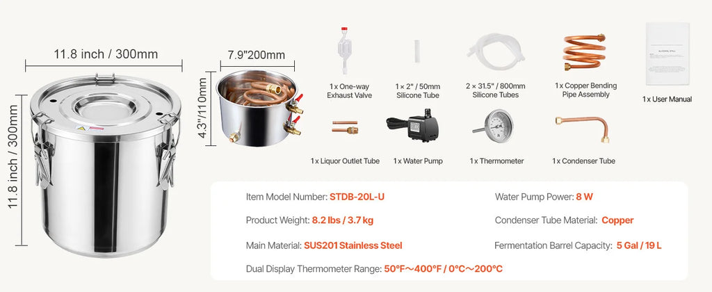 SucceBuy Alcohol Still 3 -8 Gallon  Stainless Steel Water Alcohol Distiller with Copper Coil  Brewing Refining Fermentation Kit