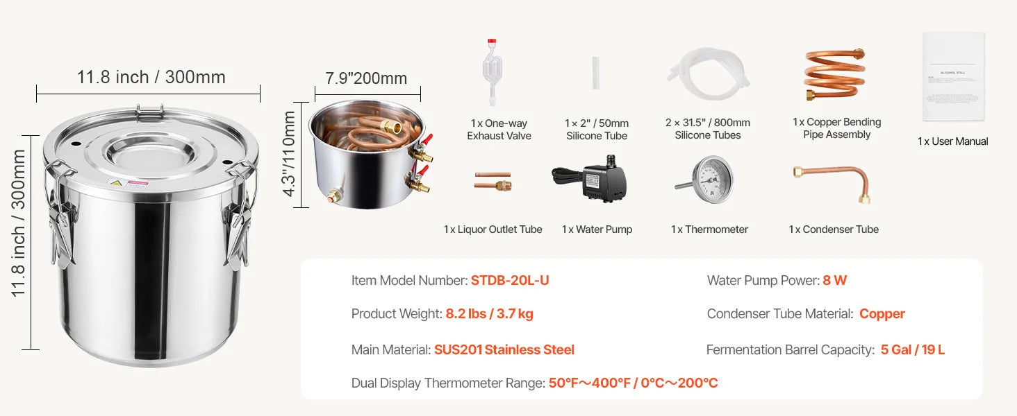 SucceBuy Alcohol Still 3 -8 Gallon  Stainless Steel Water Alcohol Distiller with Copper Coil  Brewing Refining Fermentation Kit