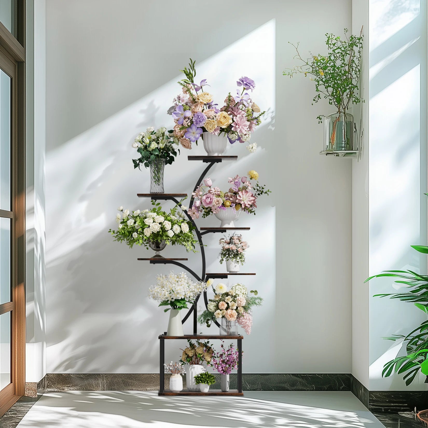 Tree-Shaped Industrial Plant Stand Display Rack Corner Flower Holder Multiple Shelves Organizer Shelves