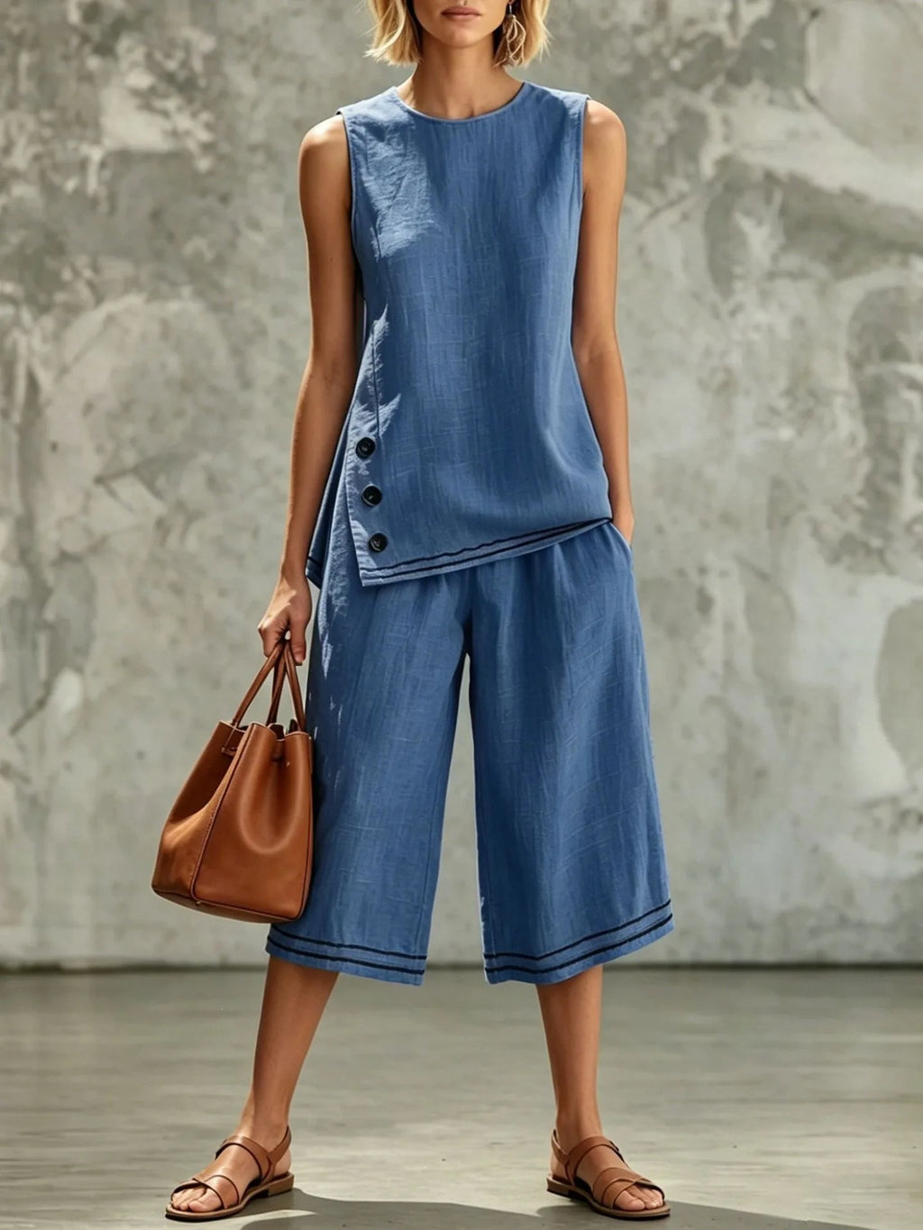 2026 New Women Two-Piece Set Cotton Linen Sleeveless Vest ＆ Capri Wide Leg Pants Suit Summer Chic 2 Piece Sets Women's Outfits