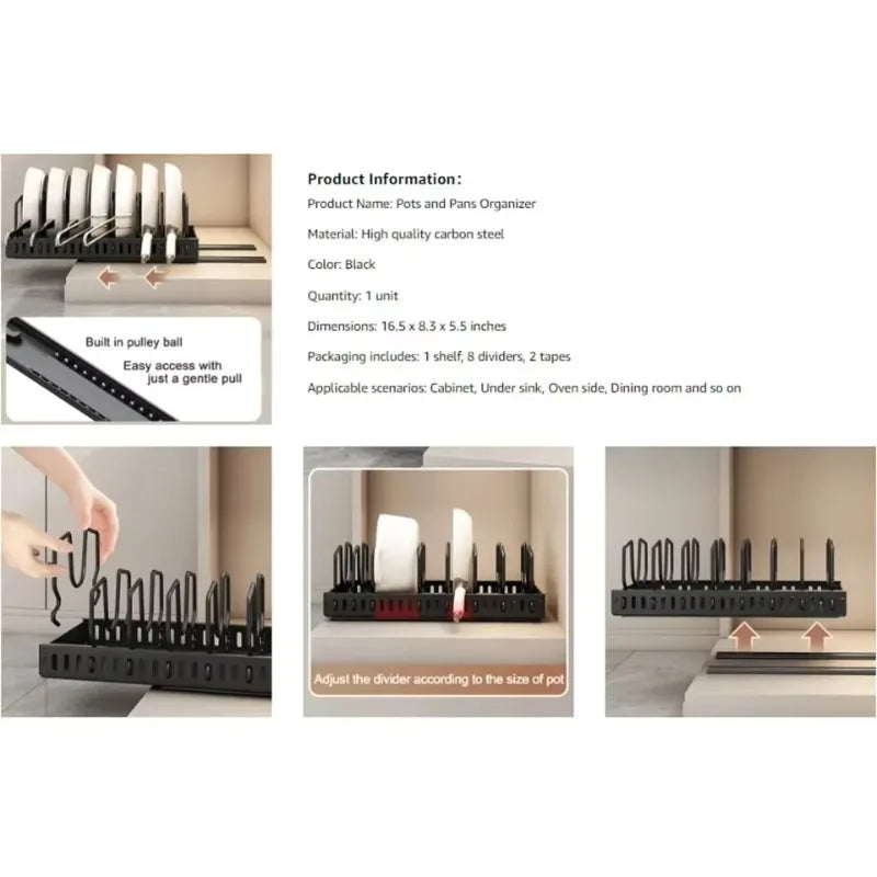 Kitchen Cabinet Pull Out Tray Organizer with Slide Rails Adjustable Storage Rack for Pots Pans and Dishes